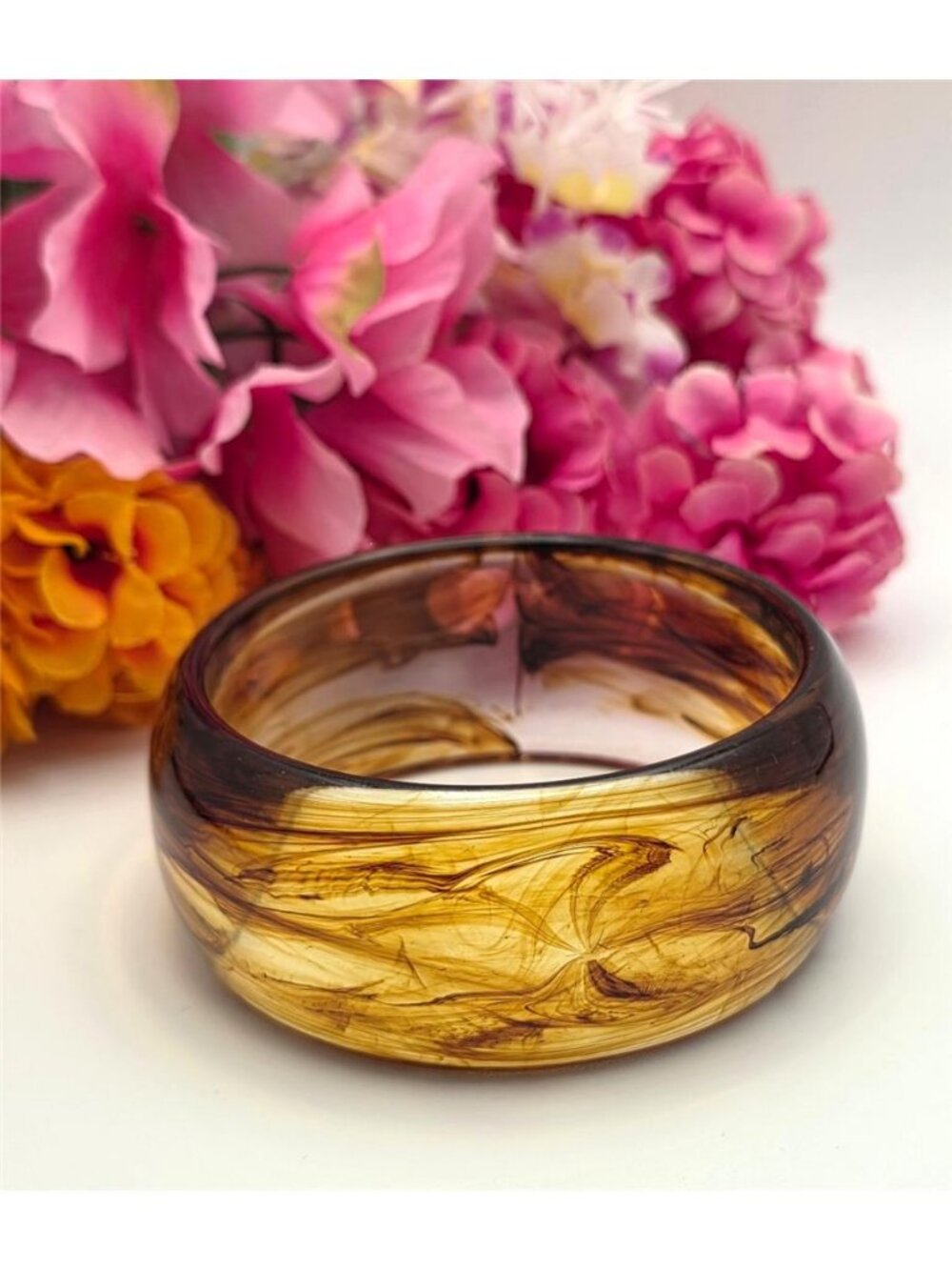 Vintage Root Beer Lucite Wide Bangle Bracelet Amber Swirl Marbled 33mm 8.5 In